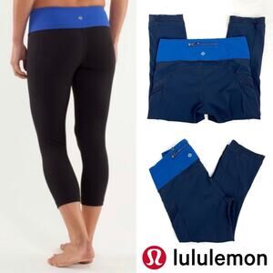 Lululemon Cropped Leggings Wide Waistband Athleisure Yoga Two Tone Blue 4